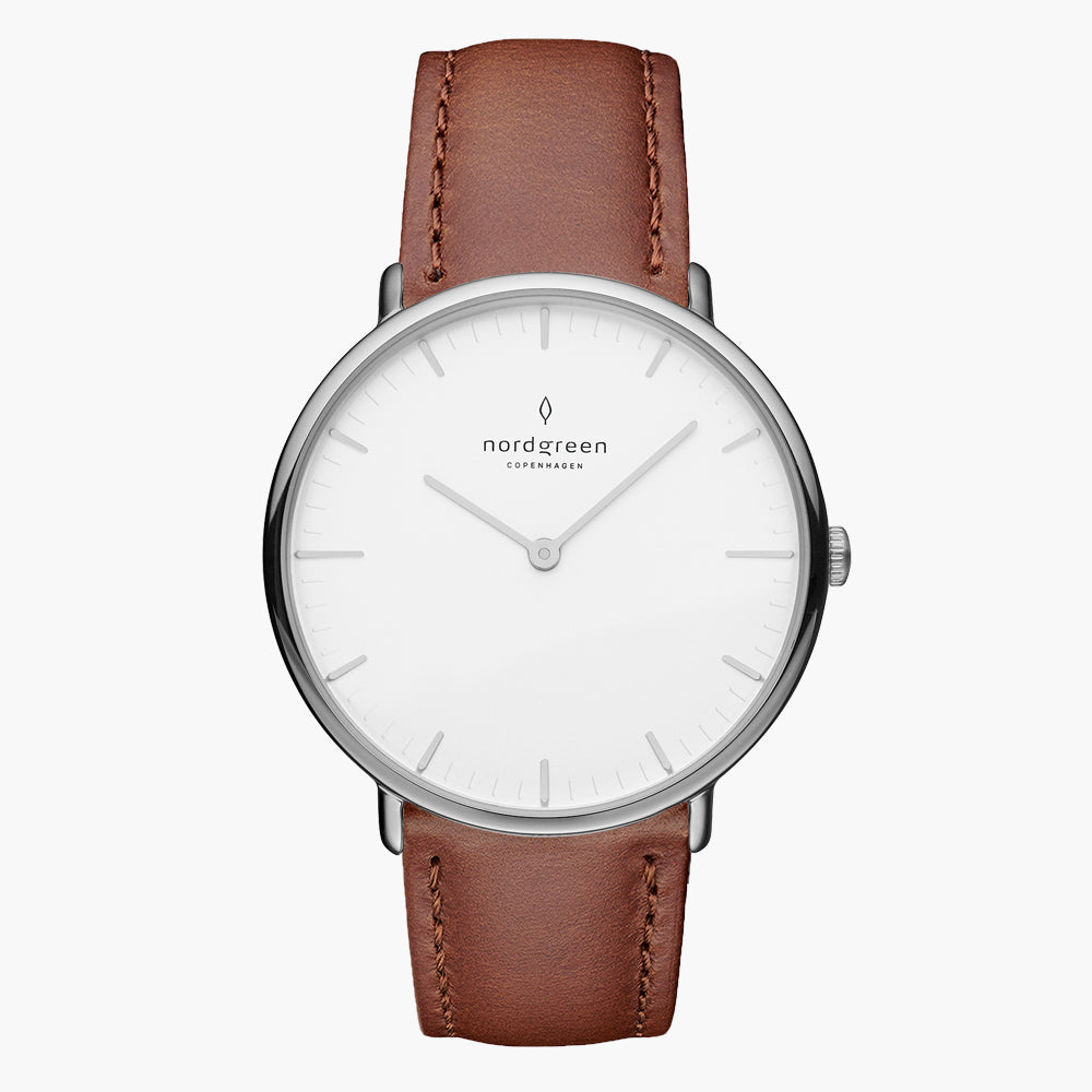 Nordgreen Native 36mm Silver / White Dial / Brown Leather