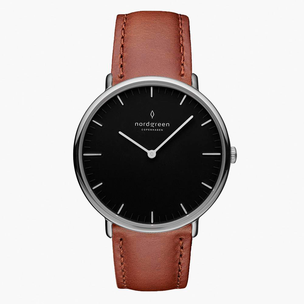 Nordgreen Native | 32mm Silver Case Black Dial Brown Leather