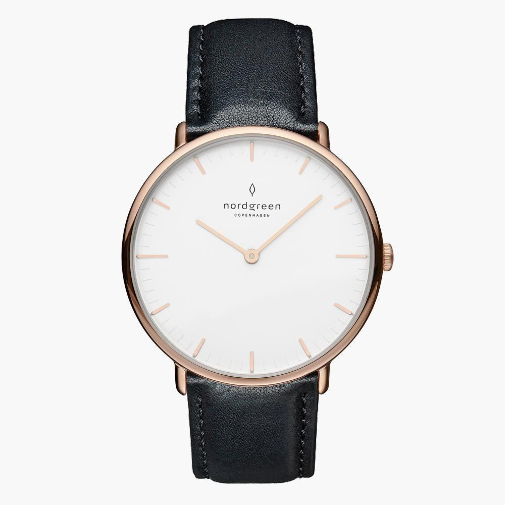 Nordgreen Native 36mm Rose Gold / White Dial / Black Leather