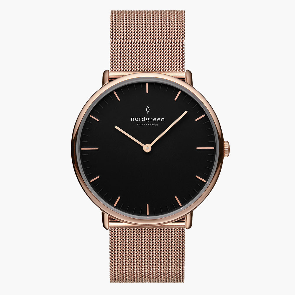 Nordgreen Native | 36mm Rose Gold Black Dial Mesh