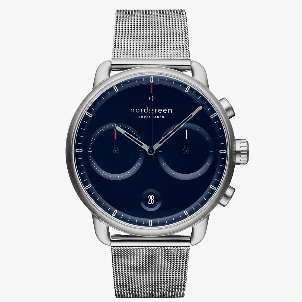 Pioneer クロノグラフ | 42mm シルバーケース ブルーダイアル メッシュ