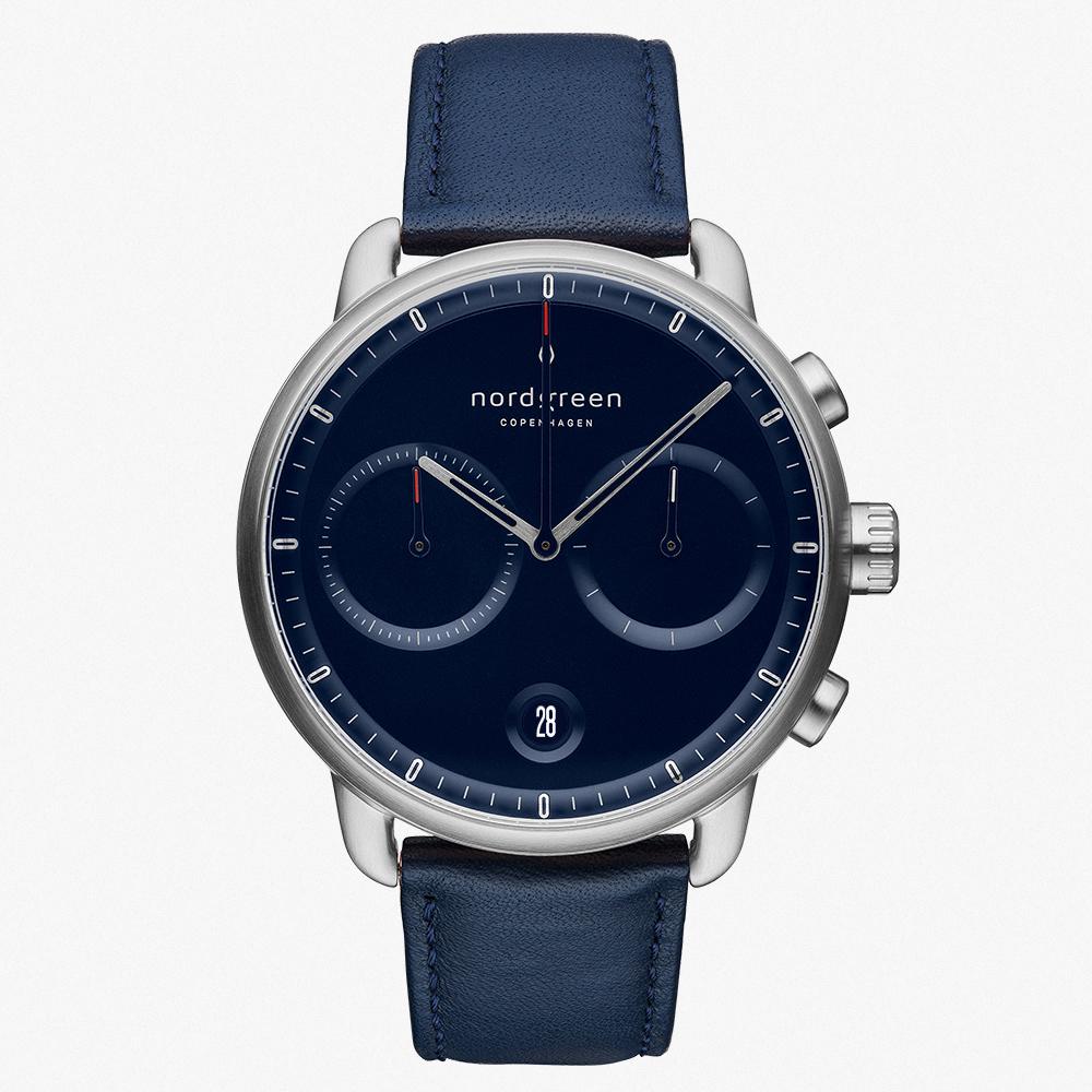 Chronograph Pioneer | Silver Navy Leather 42mm Watch – Nordgreen