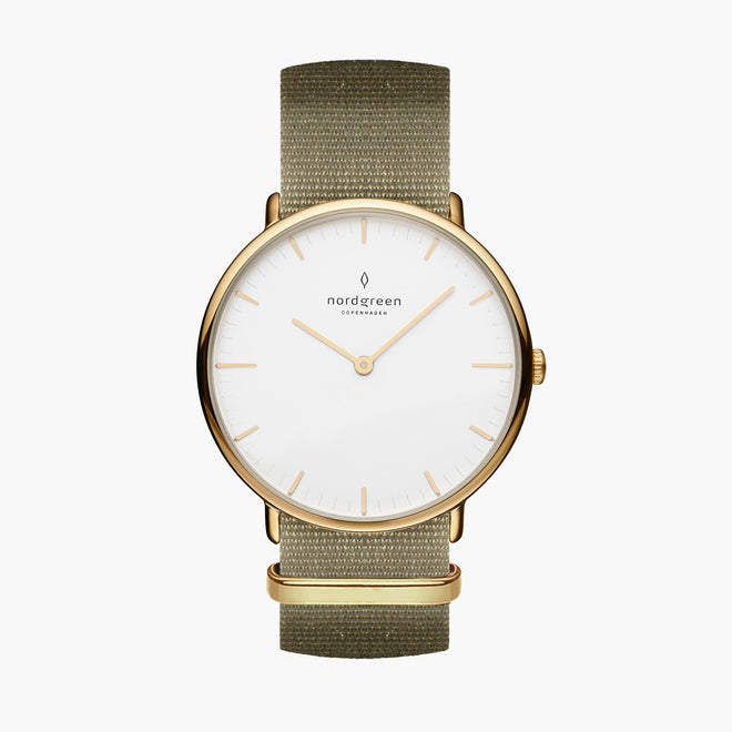 NR36GONYAGXX NR40GONYAGXX &Native men's watch with white face in gold with green nylon strap