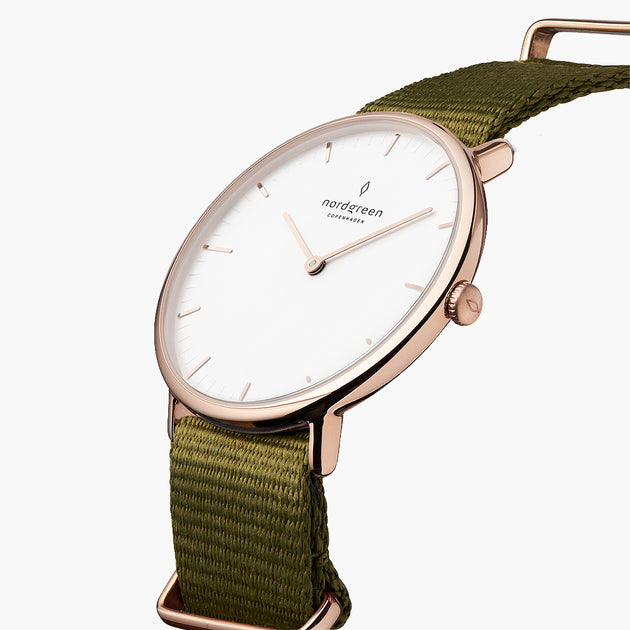 Native - BUNDLE White Dial Rose Gold | Olive Green Nato / Brown Leather / Rose Gold Mesh Straps