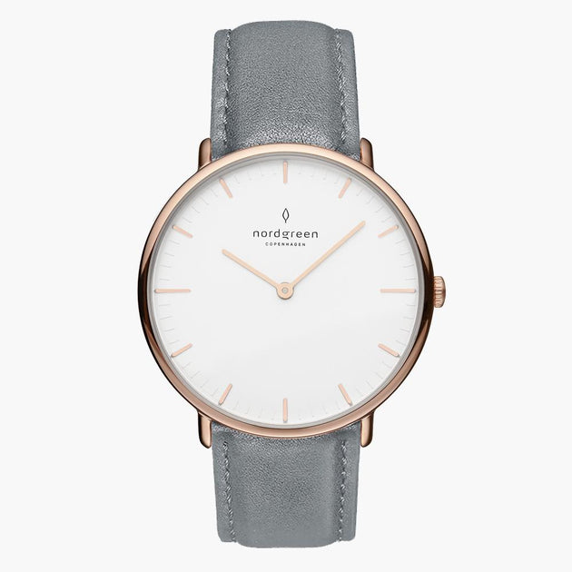 NR36RGLEGRXX &Native men's watch with white face in rose gold with grey leather straps