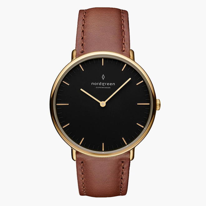 NR36GOLEBRBL NR40GOLEBRBL &Native men's tan leather watch in gold with black dial