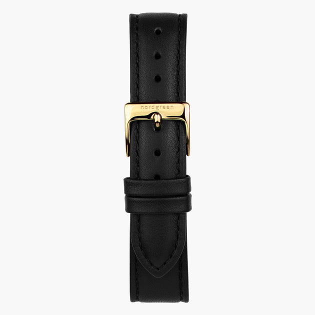 ST16BRGOLEBL &16mm leather watch strap in black with gold buckle