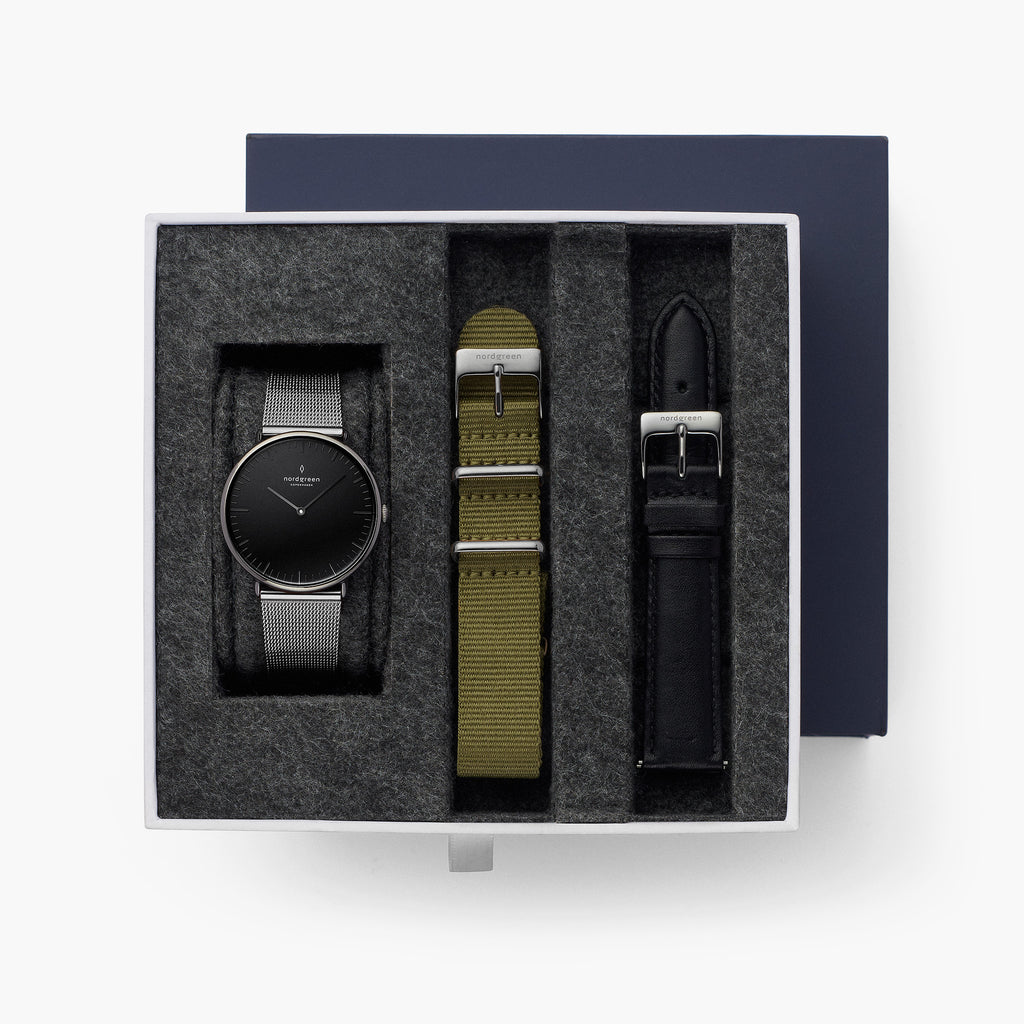 Native BUNDLE Black Dial Gun Metal Gun Metal Mesh Olive Green Nato Black Leather Straps Nordgreen Global