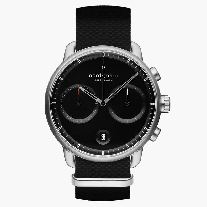 PI42SINYBLBL &Pioneer black on black men's watch in silver with black nylon strap