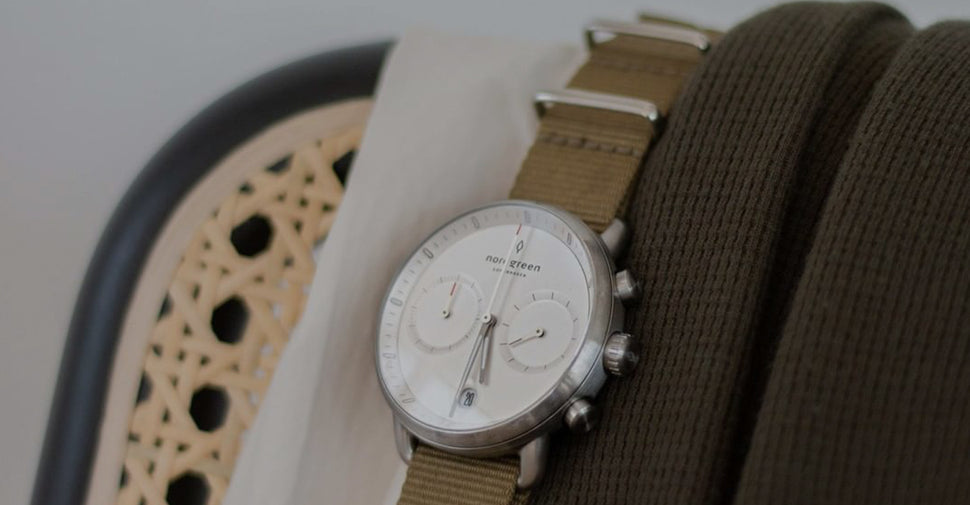 Nylon watch band on a silver Pioneer watch
