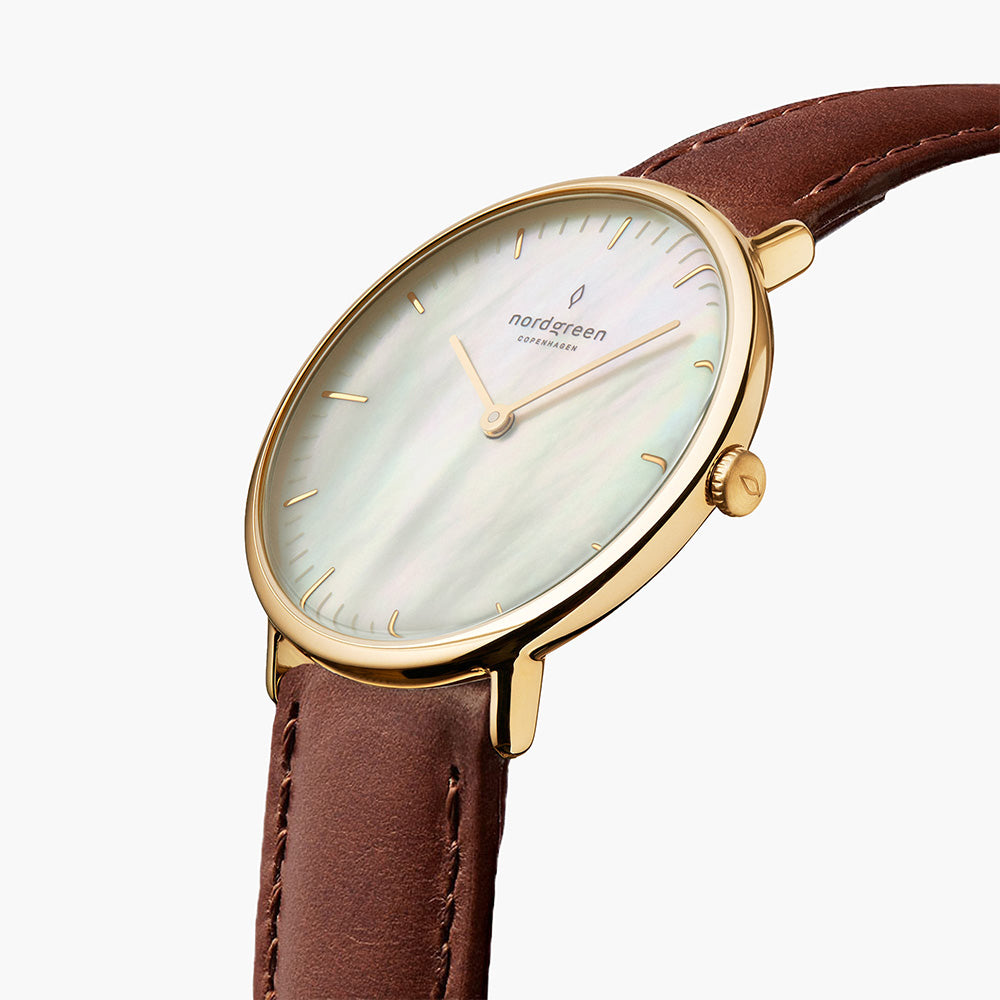 Nordgreen Native | Gold 28mm Pearl Dial Brown Leather