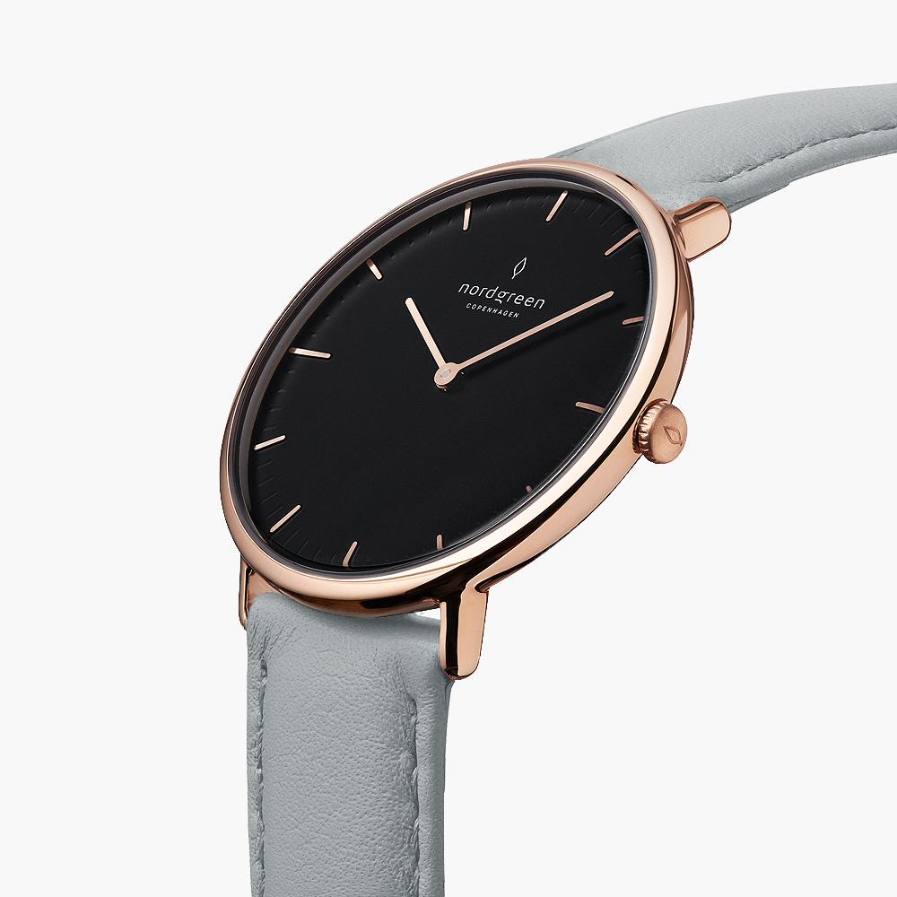 Nordgreen Native | 36mm Rose Gold Black Dial Dove Grey Vegan