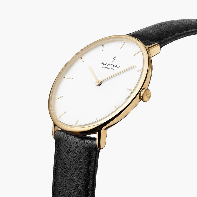 Gold watch with black leather strap hotsell