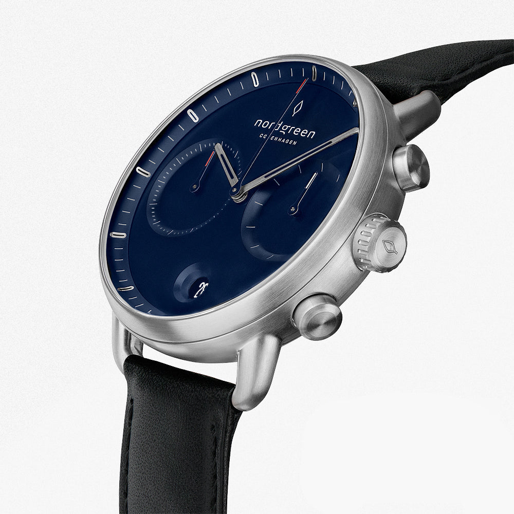 Nordgreen Pioneer | Silver 42mm Blue Dial Black Leather
