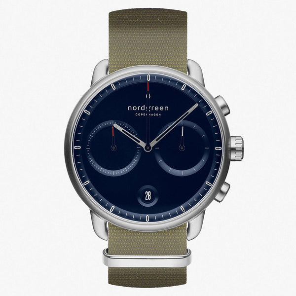nordgreen pioneer シルバー 42mm Nordgreen Pioneer | Silver 42mm Green Nylon Strap