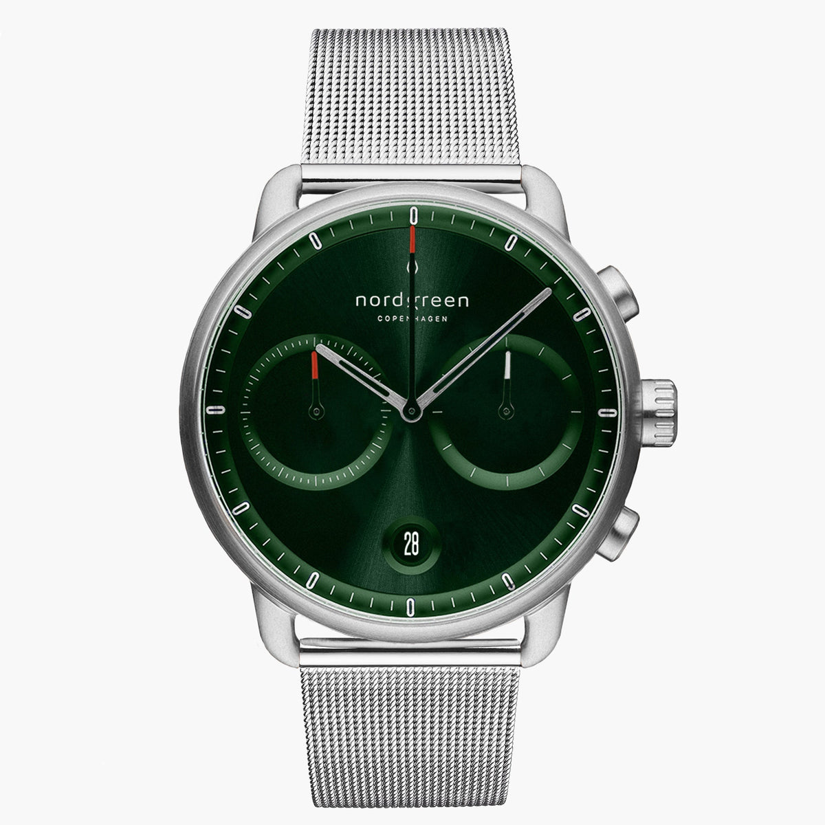 Pioneer 42mm | シルバーメッシュ グリーンダイヤル クロノ – Nordgreen