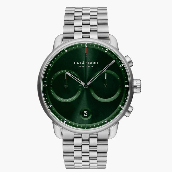 Pioneer Chronograph | 42mm Silver Green Dial Link | Nordgreen
