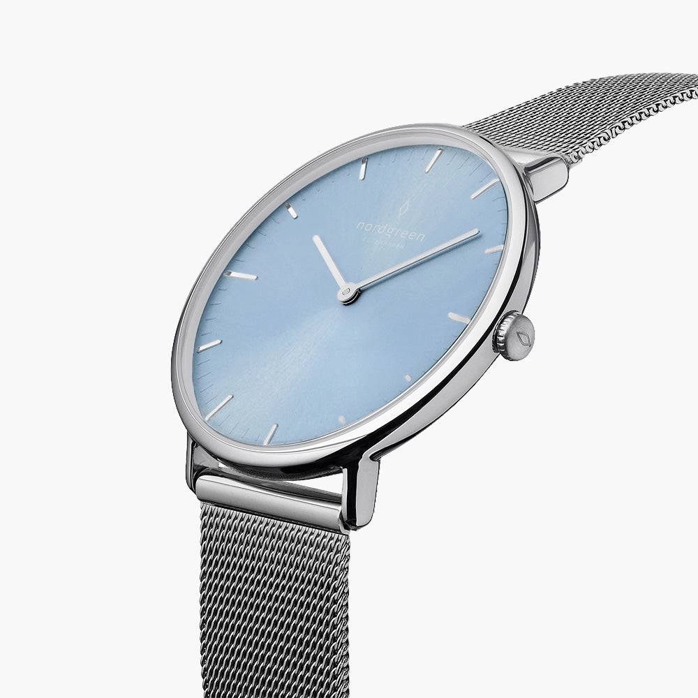 node green Native28 腕時計 新品ノードグリーン　完売品 Nordgreen Native | シルバー 28mm アイスブルーダイヤル メッシュ