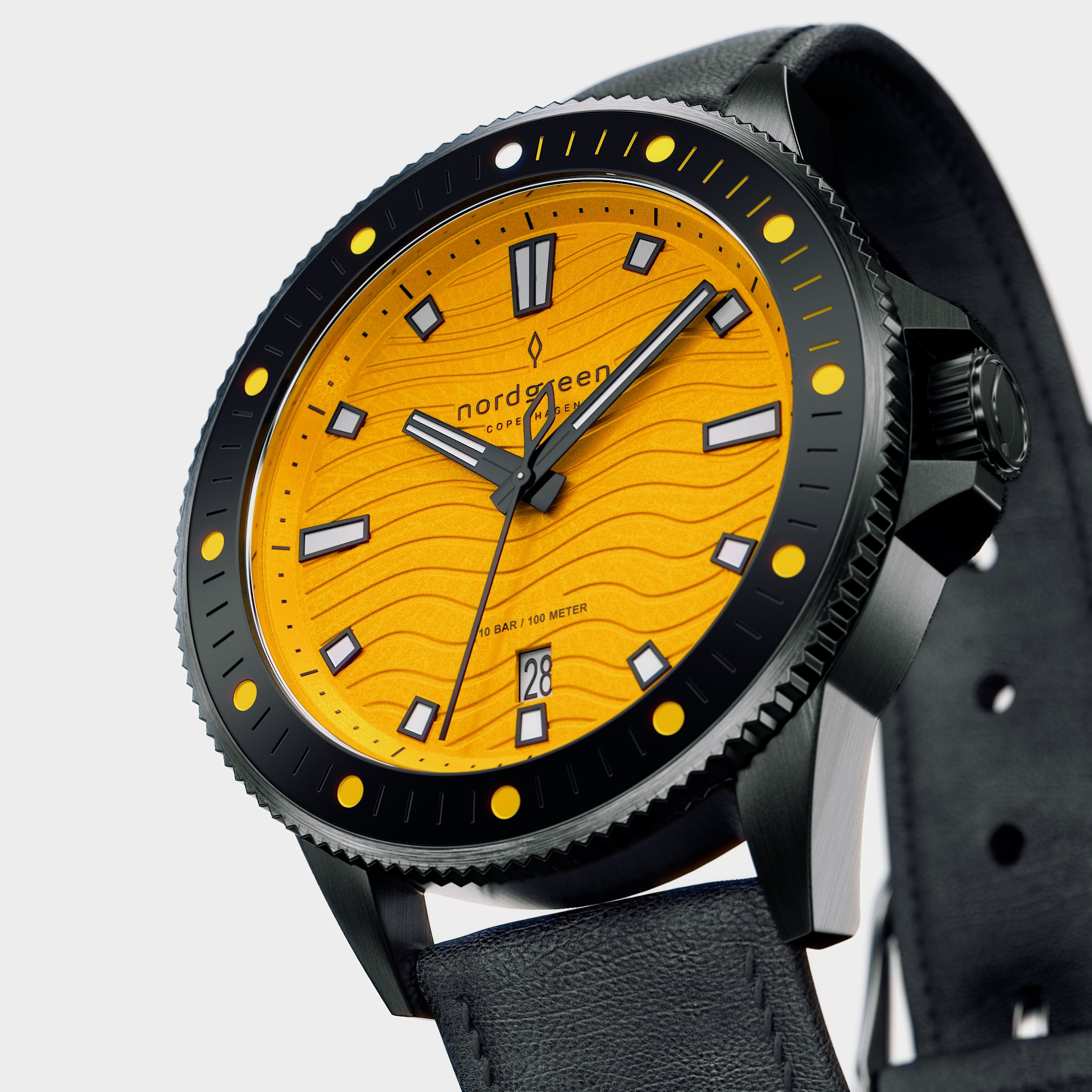 Nordgreen Waves 40mm Dive Watch | Yellow Dial Black Leather
