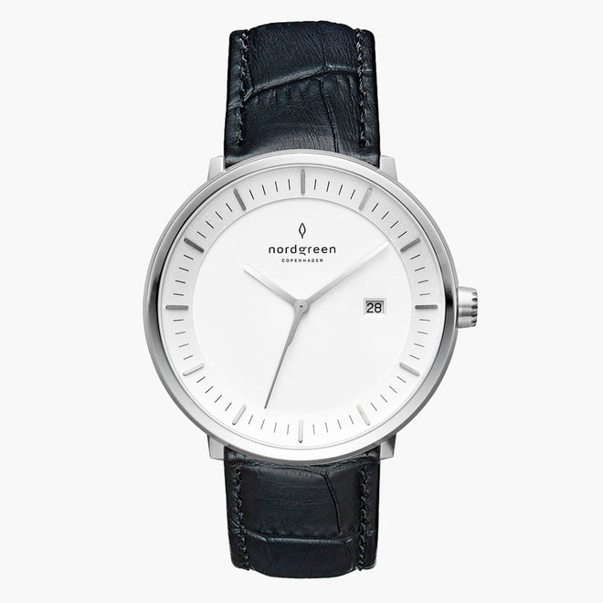 PH40SILEBCXX &Philosopher men's watch with white dial in silver with black croc straps