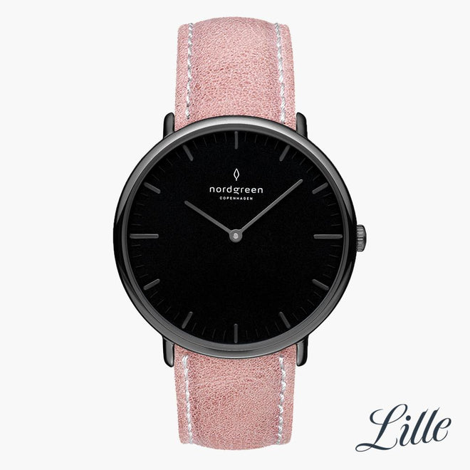 NR32GMLEPIBL &Native black dial women's watch in gunmetal with pink leather straps