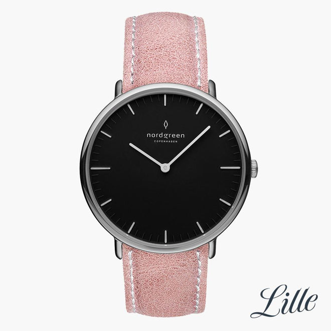 NR32SILEPIBL &Native black dial women's watch in silver with pink leather straps