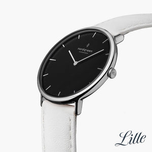 NR32SILEWHBL &Native black dial women's watch in silver with white leather straps