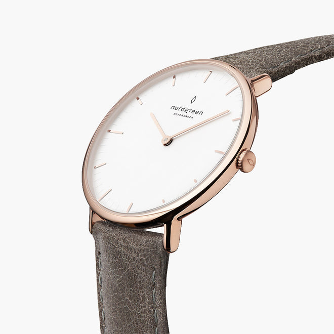 NR40RGLEGRXX &Native men's watch with white face in rose gold with patina grey straps