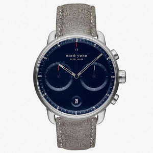 PI42SILEGRNA &Nordgreen men's silver watch with blue face and patina grey strap