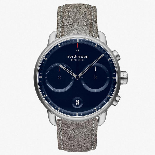 PI42SILEGRNA &Nordgreen men's silver watch with blue face and patina grey strap