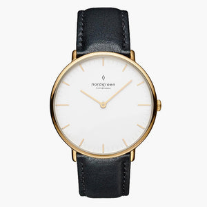 NR36GOLEBLXX NR40GOLEBLXX &Native men's watch with white face in gold with black leather straps