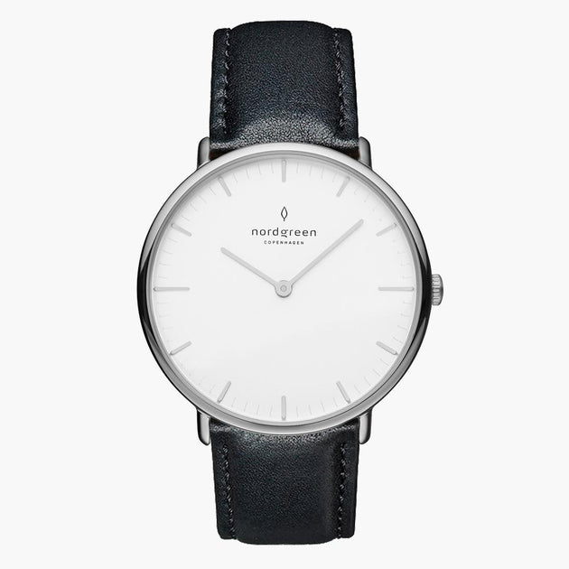 NR36SILEBLXX NR40SILEBLXX &Native men's watch with white face in silver with black leather straps