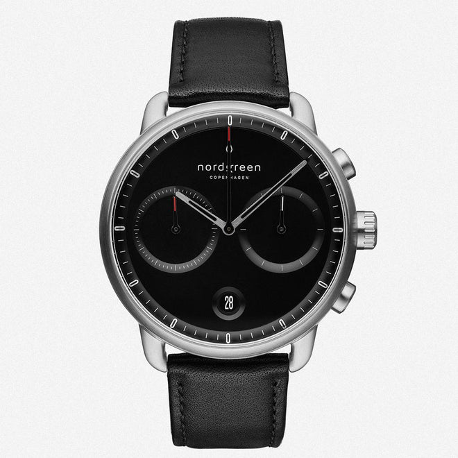 PI42SILEBLBL &Pioneer black on black men's watch in silver with black leather strap