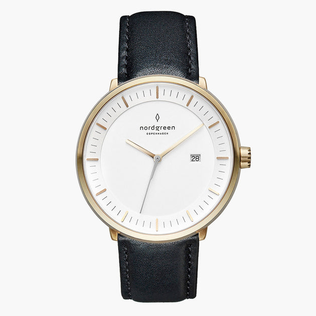 PH36GOLEBLXX PH40GOLEBLXX &Philosopher men's watch with white face in gold with black leather strap