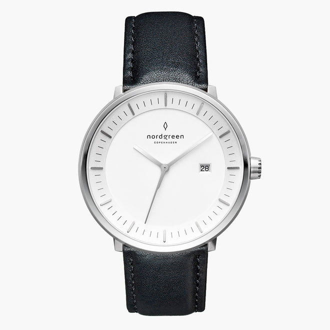 PH36SILEBLXX PH40SILEBLXX &Philosopher men's watch with white face in silver with black leather strap