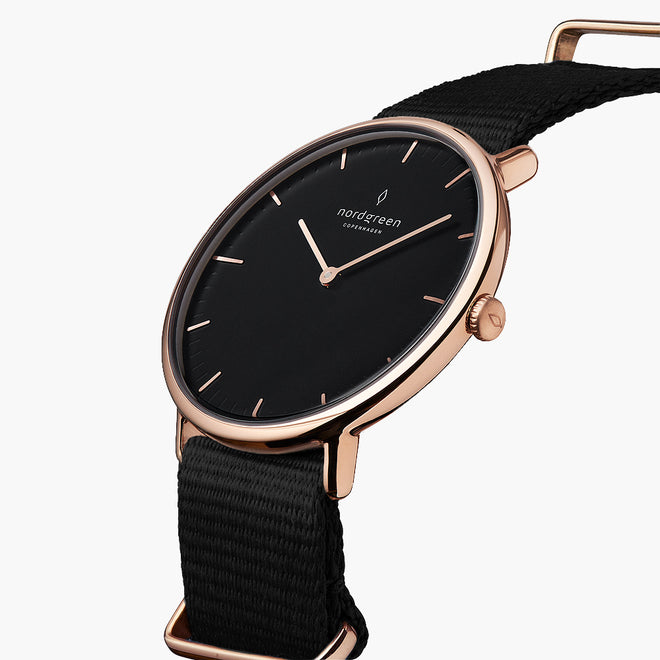 NR32RGNYBLBL NR36RGNYBLBL NR40RGNYBLBL &Native black dial women's watch in rose gold with black nylon straps