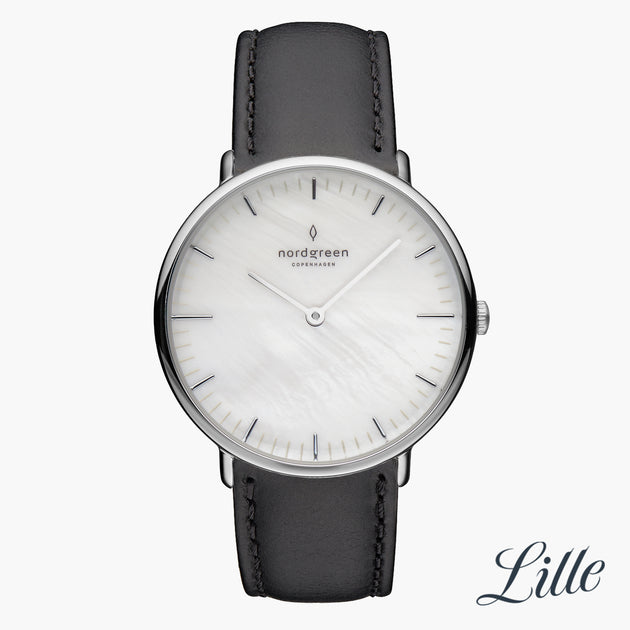 NR28SILEBLMP NR32SILEBLMP &Native mother of pearl watch in silver with black leather strap