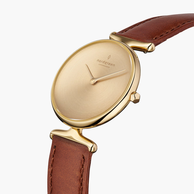 UN28GOLEBRBM UN32GOLEBRBM &Unika gold watches for women with brushed dial and brown leather strap