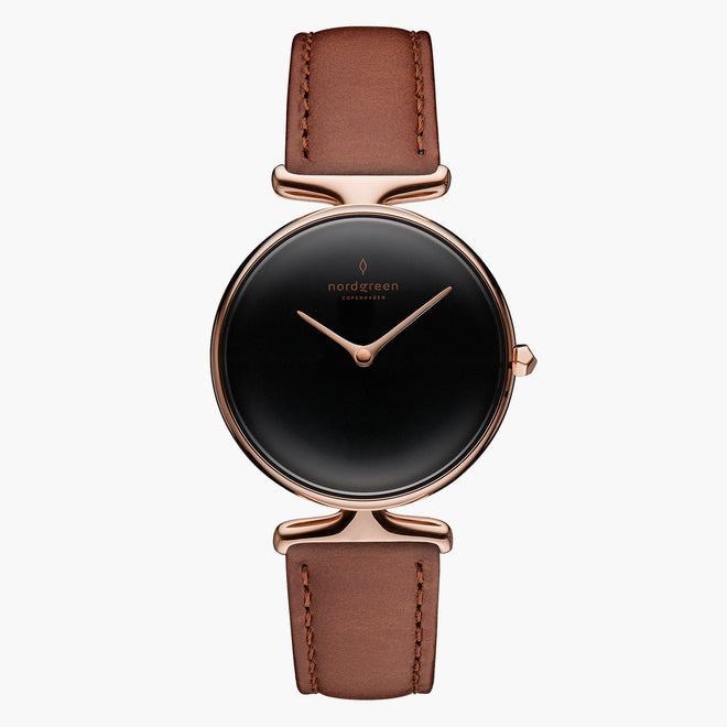 UN28RGLEBRBL UN32RGLEBRBL &Unika black dial women's watch in rose gold with brown leather strap