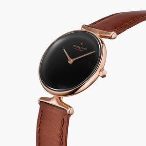 UN28RGLEBRBL UN32RGLEBRBL &Unika black dial women's watch in rose gold with brown leather strap