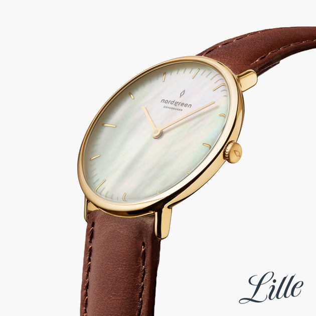 NR28GOLEBRMP NR32GOLEBRMP &Native mother of pearl watch in gold with brown leather strap