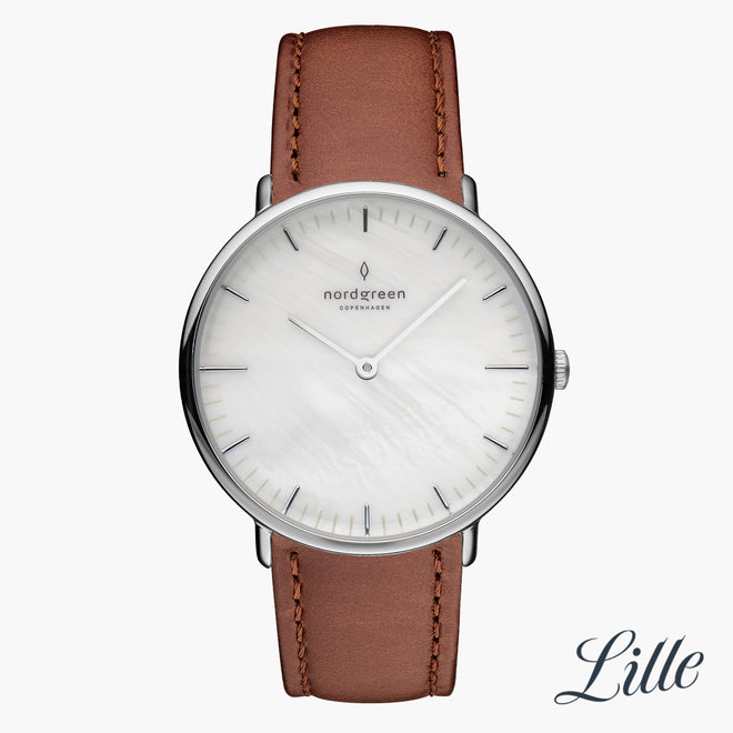 NR28SILEBRMP NR32SILEBRMP &Native mother of pearl watch in silver with brown leather strap