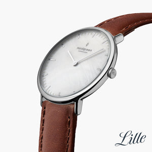 NR28SILEBRMP NR32SILEBRMP &Native mother of pearl watch in silver with brown leather strap