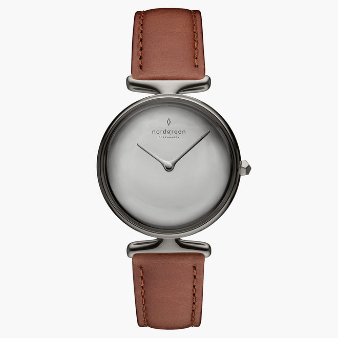 UN28GMLEBRPM UN32GMLEBRPM &Unika women's gunmetal watch with polished dial and brown leather straps