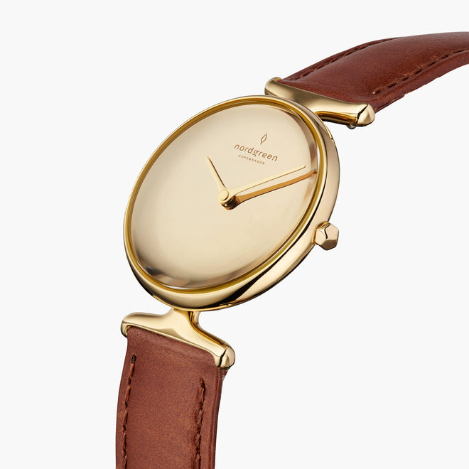 UN28GOLEBRPM UN32GOLEBRPM &Unika gold watches for women with polished dial and brown leather strap