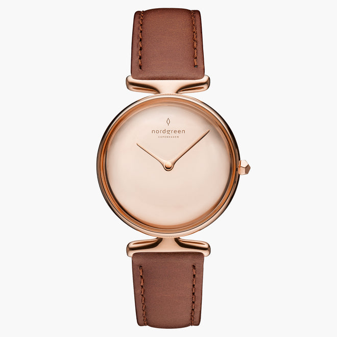 UN28RGLEBRPM UN32RGLEBRPM &Unika rose gold women's watch with polished dial and brown leather strap