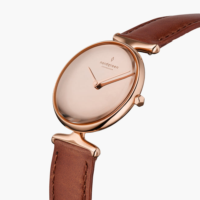 UN28RGLEBRPM UN32RGLEBRPM &Unika rose gold women's watch with polished dial and brown leather strap