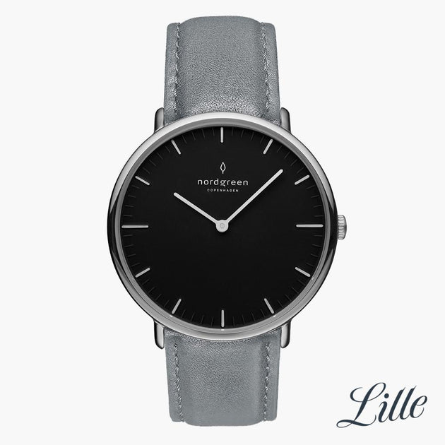 NR32SILEGRBL NR28SILEGRBL &Native black dial women's watch in silver with grey leather straps