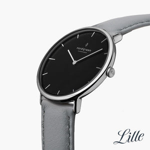 NR32SILEGRBL NR28SILEGRBL &Native black dial women's watch in silver with grey leather straps
