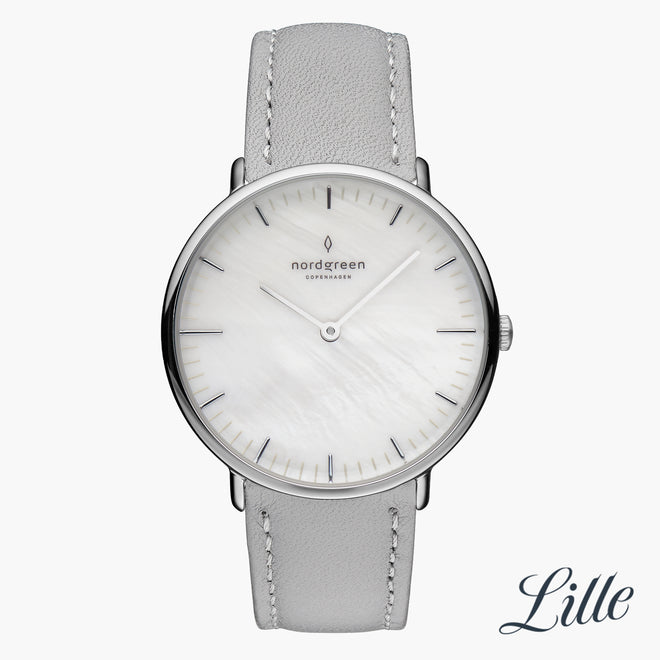 NR28SILEGRMP NR32SILEGRMP &Native mother of pearl watch in silver with grey leather strap